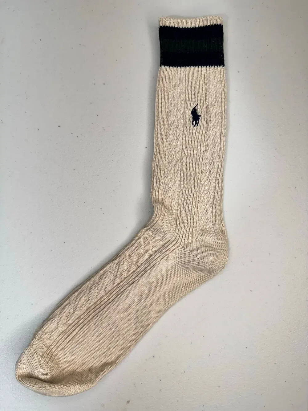 VTG Polo Ralph Lauren Beige Cable Knit Men's Dress Socks Black Embroidered Logo